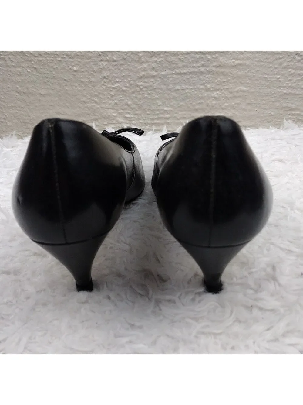 Connie Celia Black Leather Faux Bow Upper Pointed-Toe Kitten Heel Slip On Shoe